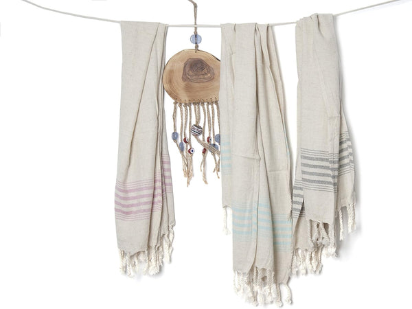 Set of 2 Linen&Cotton Blend Striped Turkish Tea Towel, Eco-Friendly Hand-Loomed Dishcloths with Tassel, Cream Kitchen Towel Set, Hand Towel