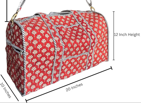 Handblock Print 100% Cotton Large Quilted Duffle Bag for Overnight Trip, Travel Weekend Bag, Luggage, 2 Pockets with Zipper, 1 Front Pocket, Detachable Long Strap, 20 X 10 X 12 Inches, Terra