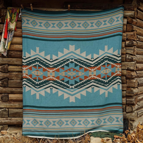 Aztec Throw Blanket with Soft Sherpa Fleece Lining, Native Southwestern Navajo Blanket for Camping, Cozy Boho Throws for Sofa, Bed, 50"X60", Aqua Blue