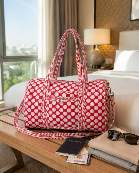 Cotton Quilted Weekender Bag for Women, Large Block Print Duffel Bag with Shoulder Strap, Carry on Overnight Travel Bag for Gym, Beach & Yoga (Red Polka Dot)