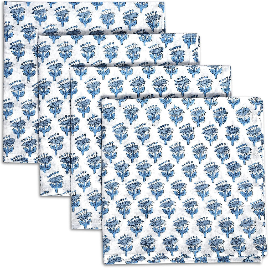 CPC Apatite Blue Indian Block Print Cotton Cloth Napkins Set of 4, 18X18 Reusable Everyday Napkins, Soft, Absorbent, Floral Dinner Napkin, Holiday, Party Gift, Spring,Mother'S Day