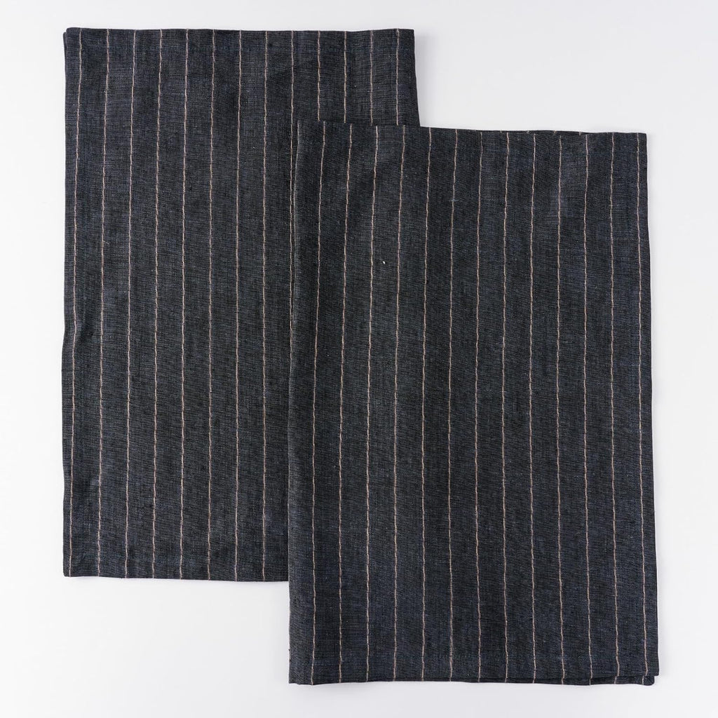 100% Pure Linen Kitchen Towels Set of 2 - French Stripe Design 18 X 24 Inch Dish Hand Towels - Handcrafted from Flax Linen Tea Towels- Black