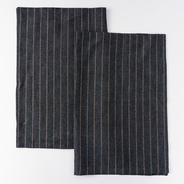 100% Pure Linen Kitchen Towels Set of 2 - French Stripe Design 18 X 24 Inch Dish Hand Towels - Handcrafted from Flax Linen Tea Towels- Black