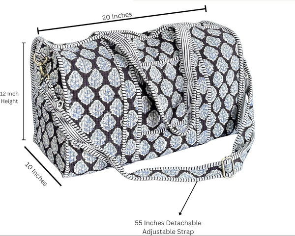 Handblock Print 100% Cotton Large Quilted Duffle Bag for Overnight Trip, Travel Weekend Bag, Luggage, 2 Pockets with Zipper, 1 Front Pocket, Detachable Long Strap, 20 X 10 X 12 Inches, Gracie