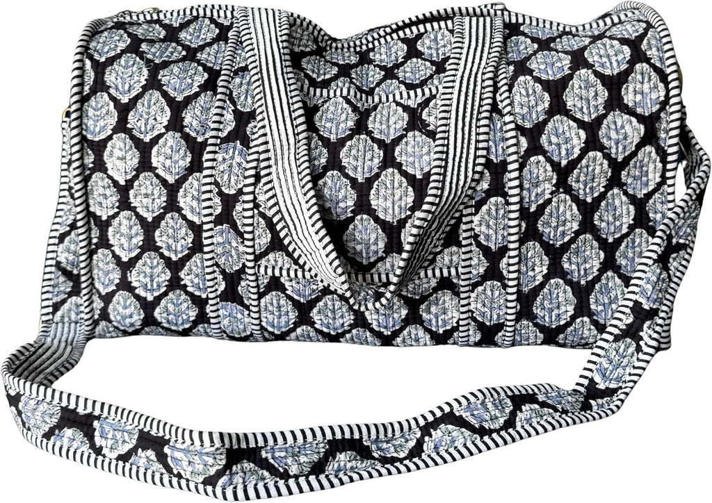 Handblock Print 100% Cotton Large Quilted Duffle Bag for Overnight Trip, Travel Weekend Bag, Luggage, 2 Pockets with Zipper, 1 Front Pocket, Detachable Long Strap, 20 X 10 X 12 Inches, Gracie