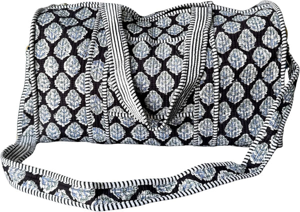 Handblock Print 100% Cotton Large Quilted Duffle Bag for Overnight Trip, Travel Weekend Bag, Luggage, 2 Pockets with Zipper, 1 Front Pocket, Detachable Long Strap, 20 X 10 X 12 Inches, Gracie