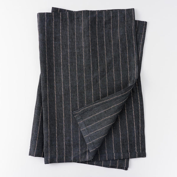 100% Pure Linen Kitchen Towels Set of 2 - French Stripe Design 18 X 24 Inch Dish Hand Towels - Handcrafted from Flax Linen Tea Towels- Black