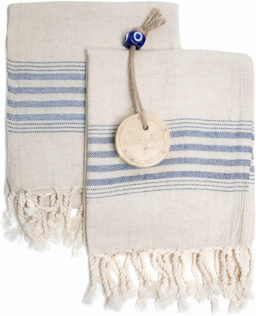 Set of 2 Linen&Cotton Blend Striped Turkish Tea Towel, Eco-Friendly Hand-Loomed Dishcloths with Tassel, Cream Kitchen Towel Set, Hand Towel