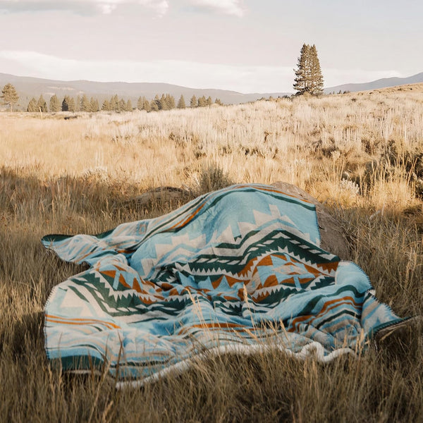 Aztec Throw Blanket with Soft Sherpa Fleece Lining, Native Southwestern Navajo Blanket for Camping, Cozy Boho Throws for Sofa, Bed, 50"X60", Aqua Blue