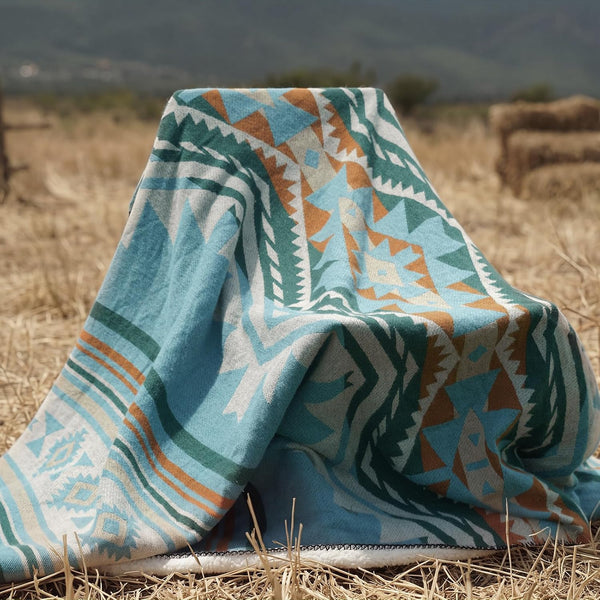Aztec Throw Blanket with Soft Sherpa Fleece Lining, Native Southwestern Navajo Blanket for Camping, Cozy Boho Throws for Sofa, Bed, 50"X60", Aqua Blue