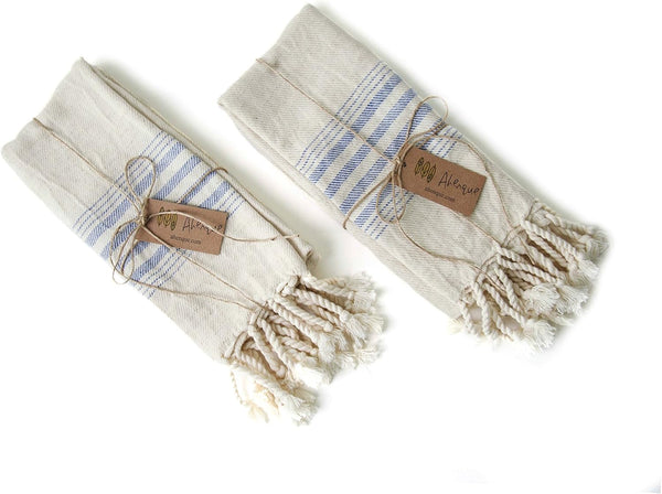 Set of 2 Linen&Cotton Blend Striped Turkish Tea Towel, Eco-Friendly Hand-Loomed Dishcloths with Tassel, Cream Kitchen Towel Set, Hand Towel