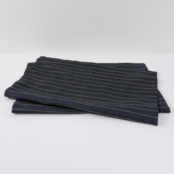 100% Pure Linen Kitchen Towels Set of 2 - French Stripe Design 18 X 24 Inch Dish Hand Towels - Handcrafted from Flax Linen Tea Towels- Black