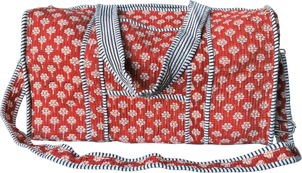 Handblock Print 100% Cotton Large Quilted Duffle Bag for Overnight Trip, Travel Weekend Bag, Luggage, 2 Pockets with Zipper, 1 Front Pocket, Detachable Long Strap, 20 X 10 X 12 Inches, Terra