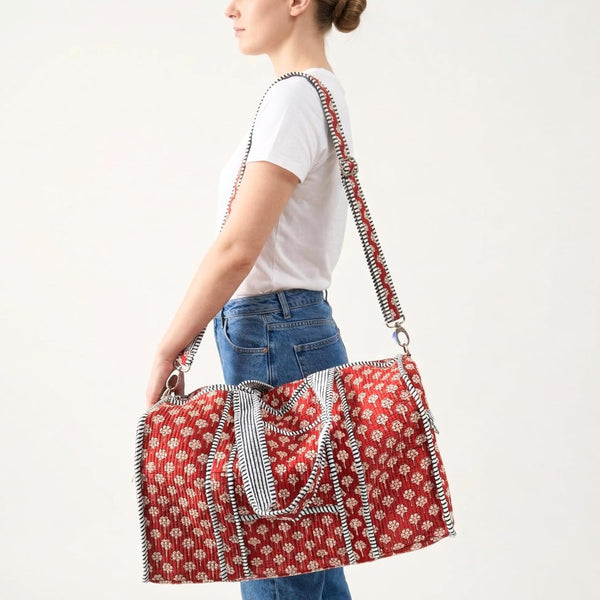 Handblock Print 100% Cotton Large Quilted Duffle Bag for Overnight Trip, Travel Weekend Bag, Luggage, 2 Pockets with Zipper, 1 Front Pocket, Detachable Long Strap, 20 X 10 X 12 Inches, Terra