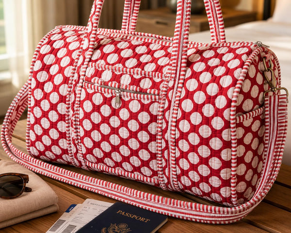 Cotton Quilted Weekender Bag for Women, Large Block Print Duffel Bag with Shoulder Strap, Carry on Overnight Travel Bag for Gym, Beach & Yoga (Red Polka Dot)