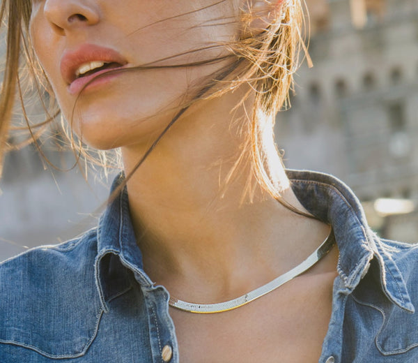 Italian 925 Sterling Silver, 18K Gold Plated Herringbone Necklace