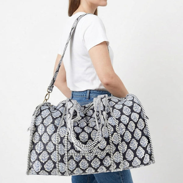 Handblock Print 100% Cotton Large Quilted Duffle Bag for Overnight Trip, Travel Weekend Bag, Luggage, 2 Pockets with Zipper, 1 Front Pocket, Detachable Long Strap, 20 X 10 X 12 Inches, Gracie