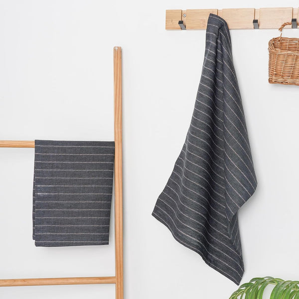 100% Pure Linen Kitchen Towels Set of 2 - French Stripe Design 18 X 24 Inch Dish Hand Towels - Handcrafted from Flax Linen Tea Towels- Black