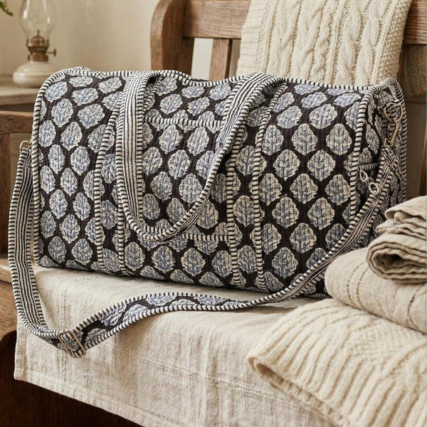 Handblock Print 100% Cotton Large Quilted Duffle Bag for Overnight Trip, Travel Weekend Bag, Luggage, 2 Pockets with Zipper, 1 Front Pocket, Detachable Long Strap, 20 X 10 X 12 Inches, Gracie