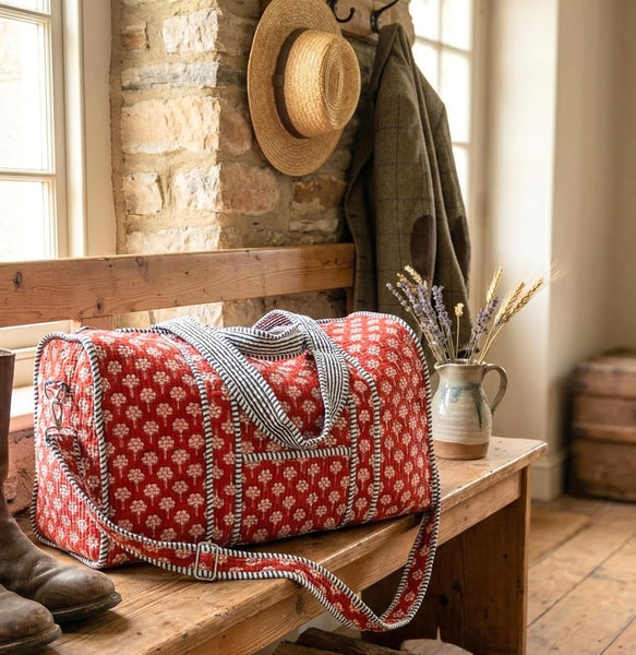 Handblock Print 100% Cotton Large Quilted Duffle Bag for Overnight Trip, Travel Weekend Bag, Luggage, 2 Pockets with Zipper, 1 Front Pocket, Detachable Long Strap, 20 X 10 X 12 Inches, Terra