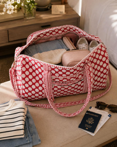 Cotton Quilted Weekender Bag for Women, Large Block Print Duffel Bag with Shoulder Strap, Carry on Overnight Travel Bag for Gym, Beach & Yoga (Red Polka Dot)