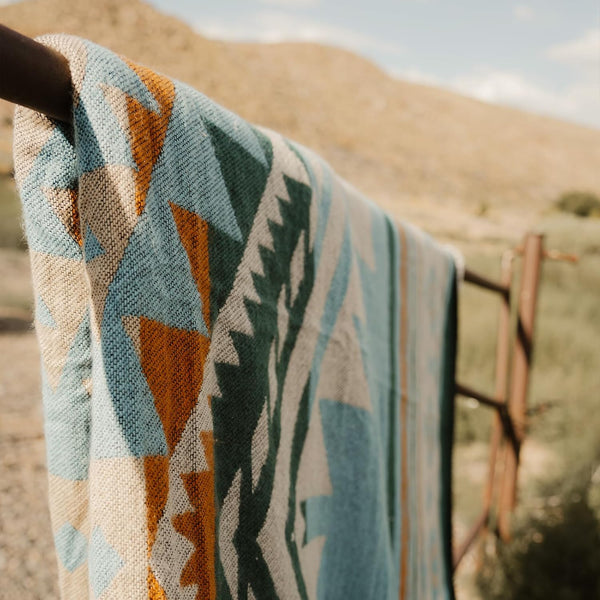 Aztec Throw Blanket with Soft Sherpa Fleece Lining, Native Southwestern Navajo Blanket for Camping, Cozy Boho Throws for Sofa, Bed, 50"X60", Aqua Blue