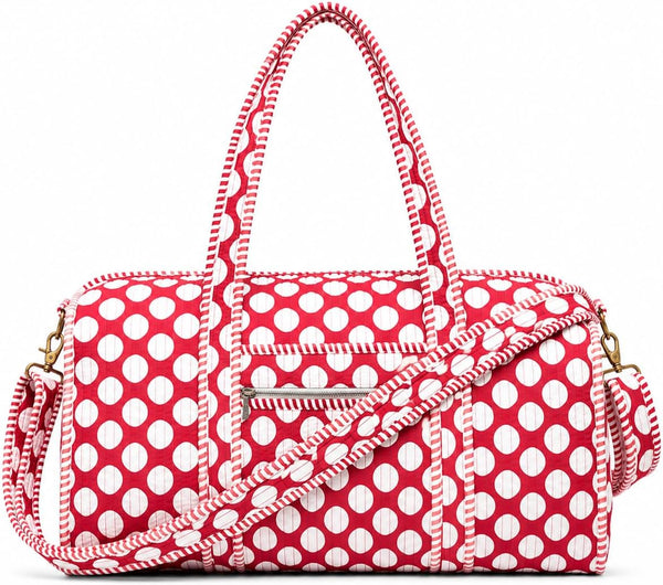 Cotton Quilted Weekender Bag for Women, Large Block Print Duffel Bag with Shoulder Strap, Carry on Overnight Travel Bag for Gym, Beach & Yoga (Red Polka Dot)