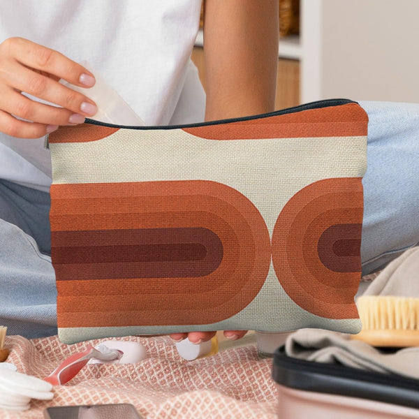 Vintage Boho Terracota Rainbow Makeup Bag, Mid Century Modern Rainbow Cosmetic Bags for Women, Boho Gifts for Women, Retro Arch Art Zipper Makeup Pouch